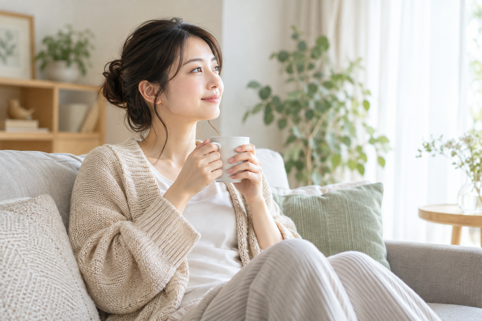 自宅のソファでマグカップを持ち、休む女性（AI生成画像）