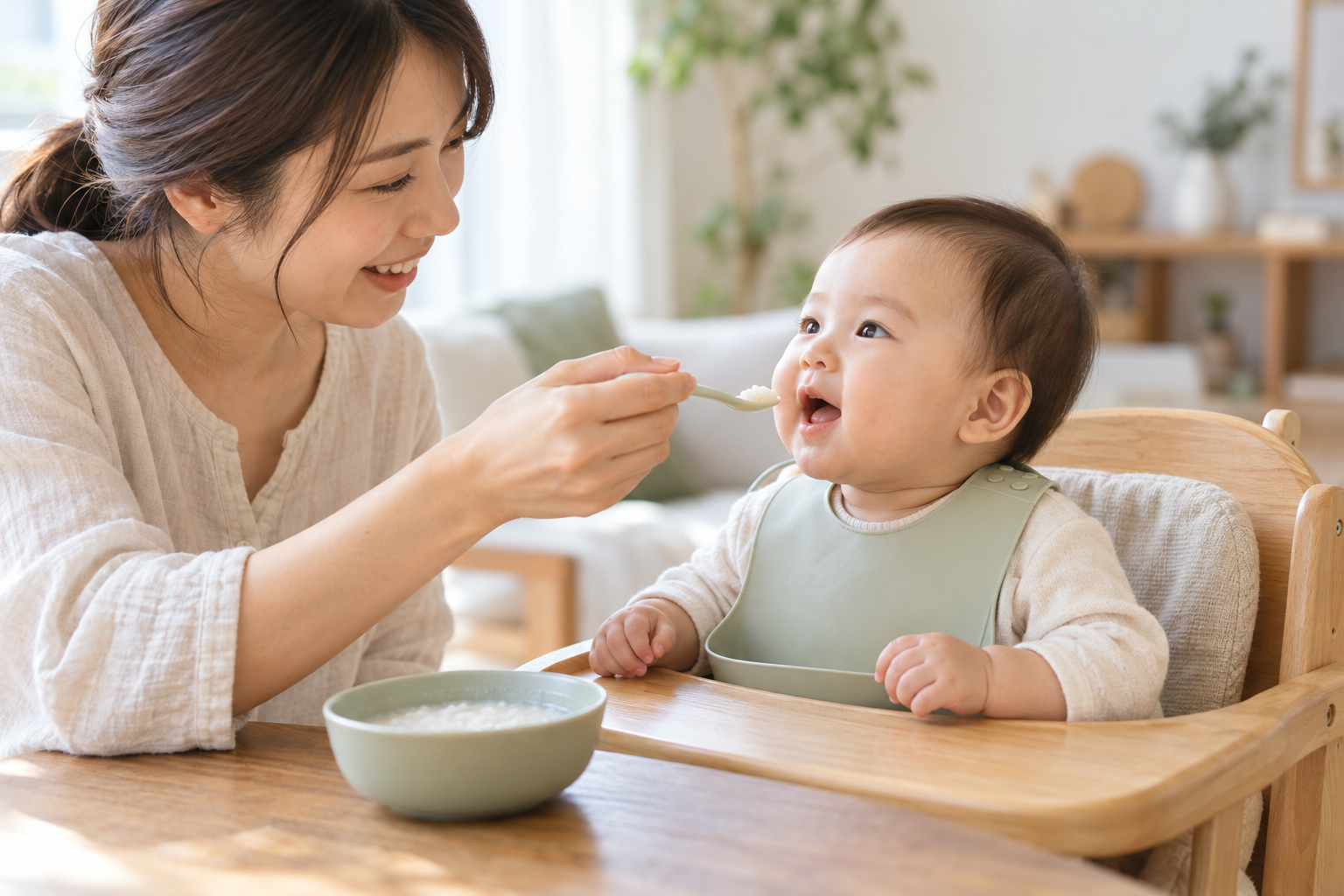 椅子で体を起こして離乳食を食べる赤ちゃんと母親（AI生成画像）