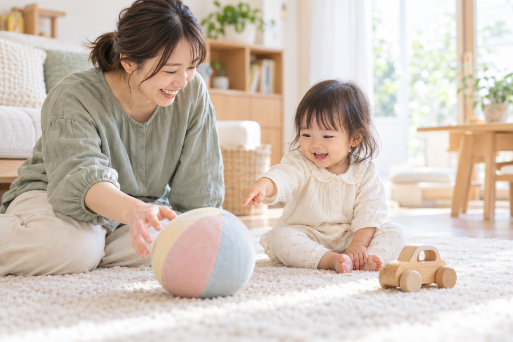 ボールを指さす幼児と、一緒に遊ぶ母親(AI生成画像)
