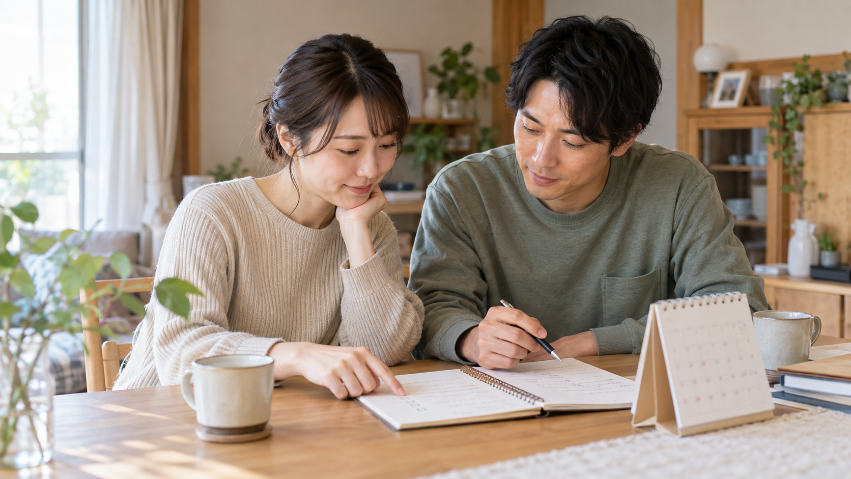 妊活の初診に向けて、二人でノートとカレンダーを確認する男女