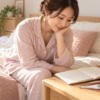 ベッド脇のノートで基礎体温の記録を見返す女性と、机に置かれた婦人体温計