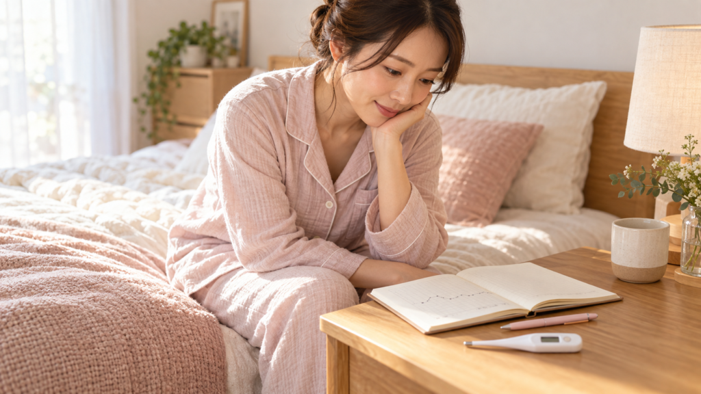 ベッド脇のノートで基礎体温の記録を見返す女性と、机に置かれた婦人体温計