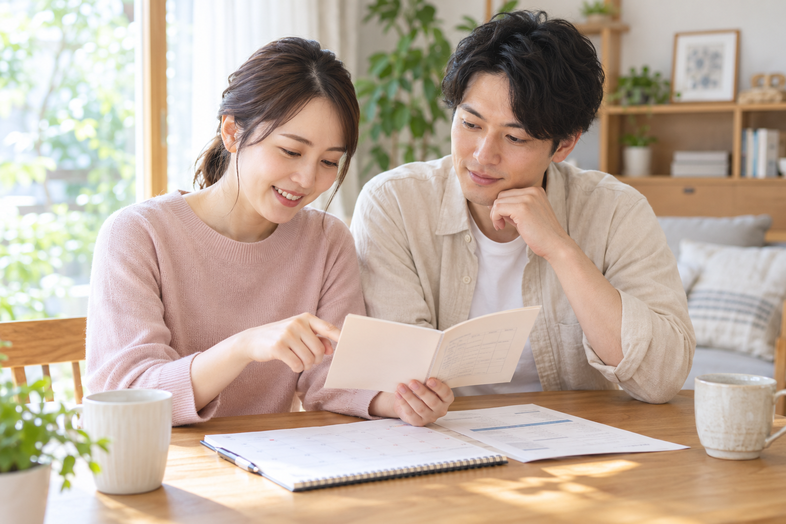 自宅のテーブルで、手帳と書類を一緒に確認する男女