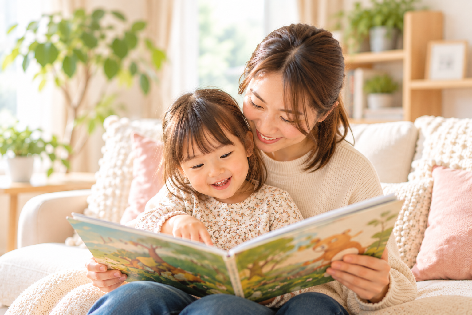 2歳・3歳の子どもが母親と絵本を読みながら言葉を育む様子