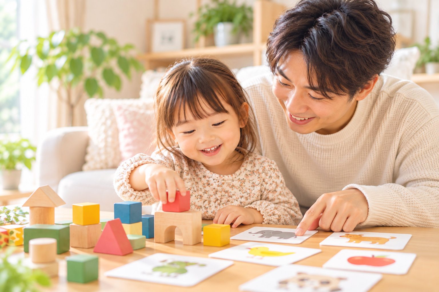 2歳・3歳の子どもがお父さんと積み木や絵カードで遊ぶ様子