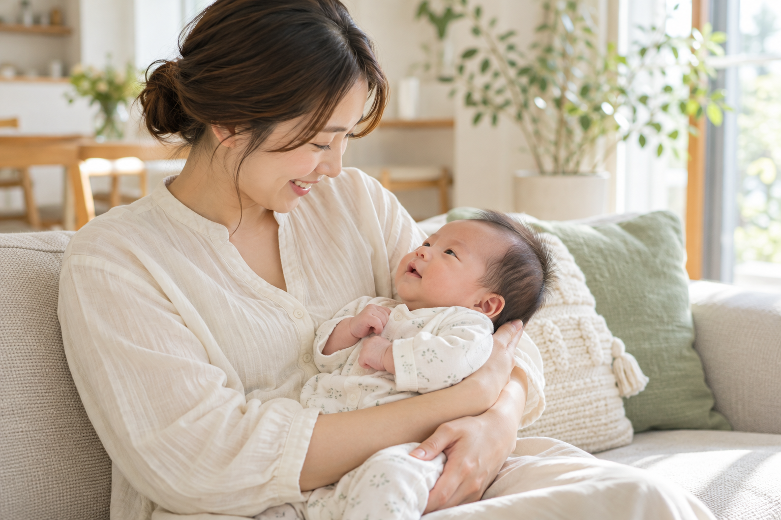 赤ちゃんの頭と首を支えながら抱っこして見つめる保護者のイメージ
