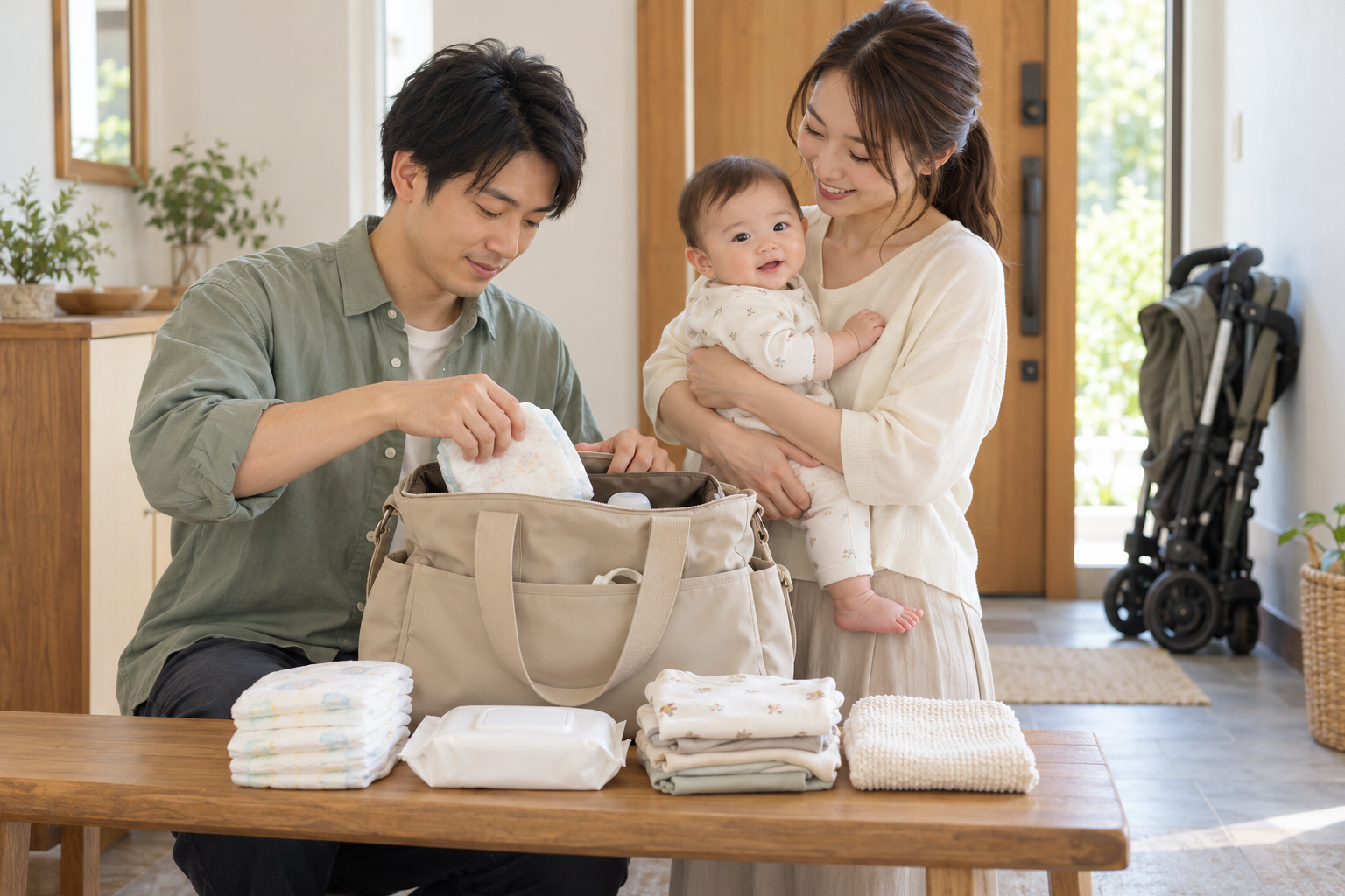 父親がおむつや着替えをバッグに詰め、母親が赤ちゃんを抱いてお出かけの準備をしている