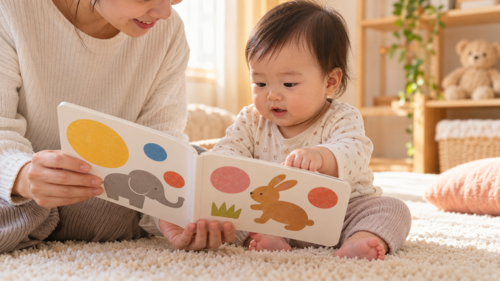 親子で絵本を眺める赤ちゃん（AI生成イメージ）