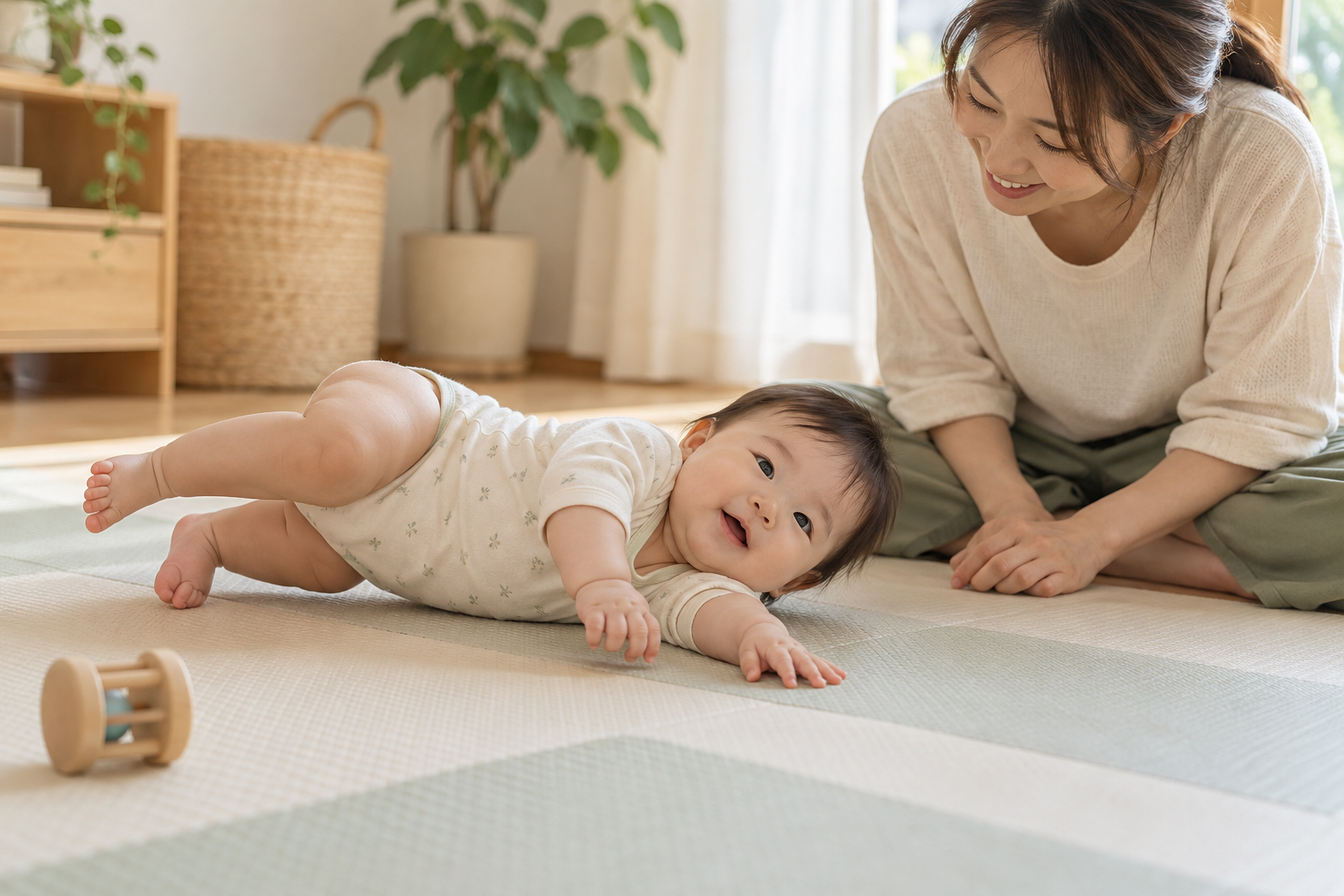 保護者がそばで見守る中、床のマットで体を横に向ける赤ちゃんのイメージ