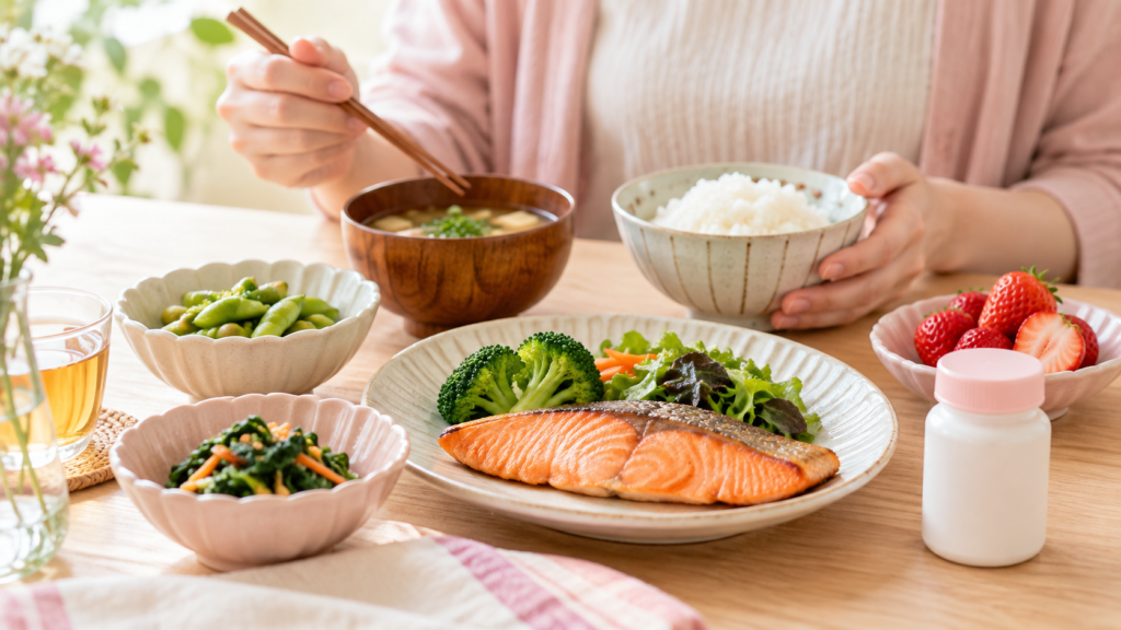 鮭、ブロッコリー、枝豆などの食事とサプリメントの容器