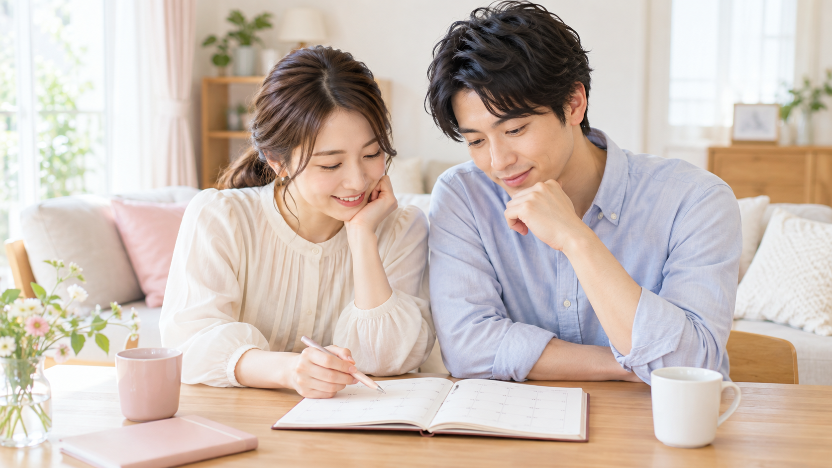 カレンダーを見ながら妊活の予定を話し合う男女