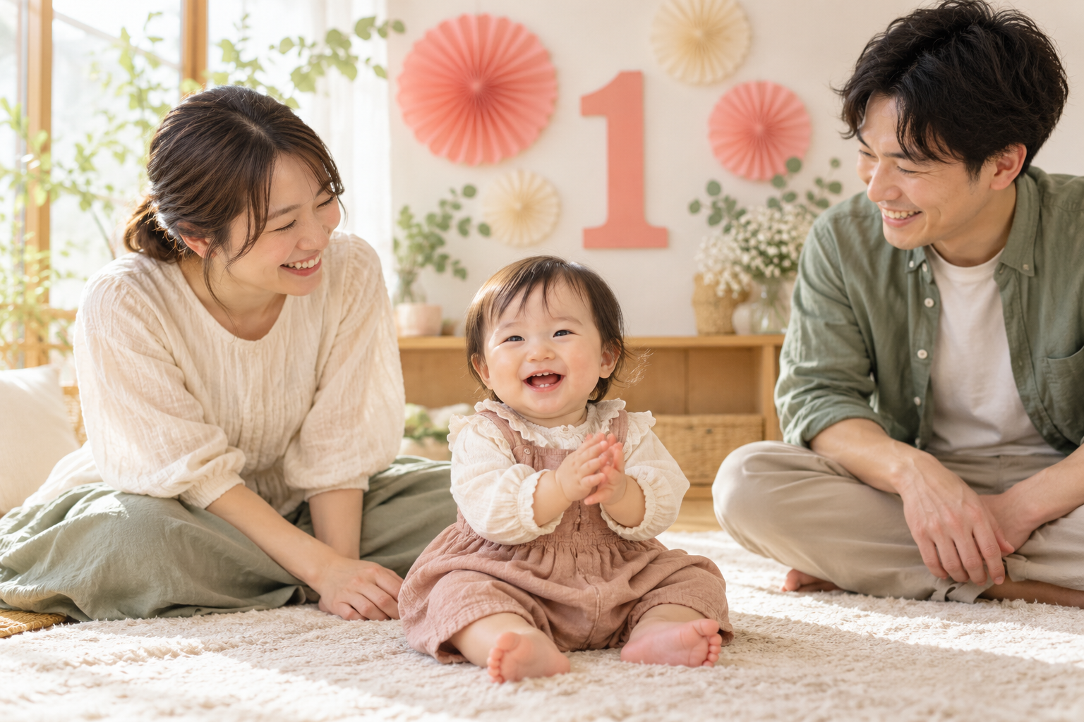 数字の1とコーラルピンクの飾りを背景に、1歳の子どもと両親が笑顔で座っている