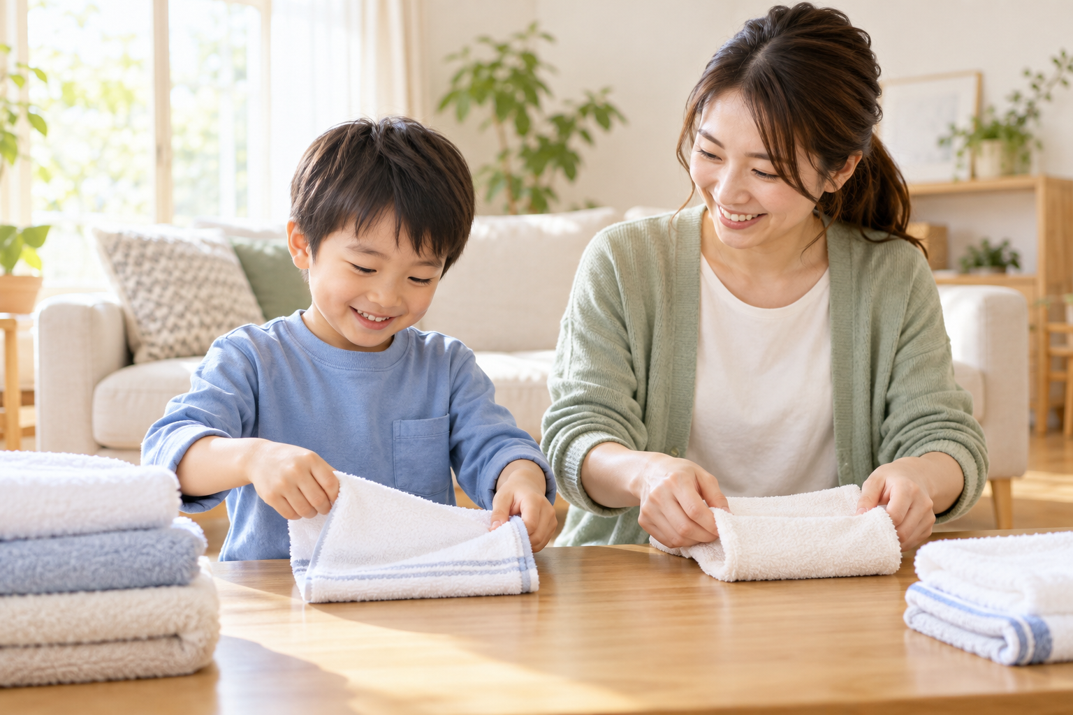 5歳ごろの男の子が母親と並んでタオルをたたんでいる