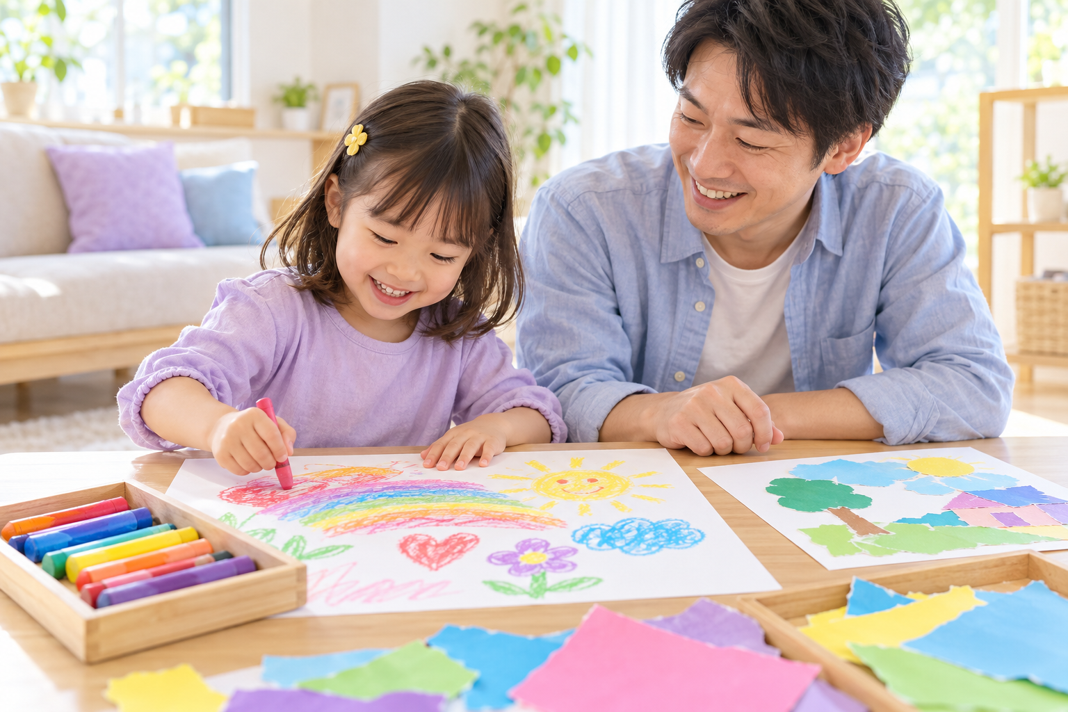 4歳ごろの女の子がクレヨンで絵を描き、隣で父親が笑顔で見守っている