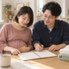妊娠中の女性と眼鏡をかけた男性が、食卓でノートを見ながら家事分担を相談している