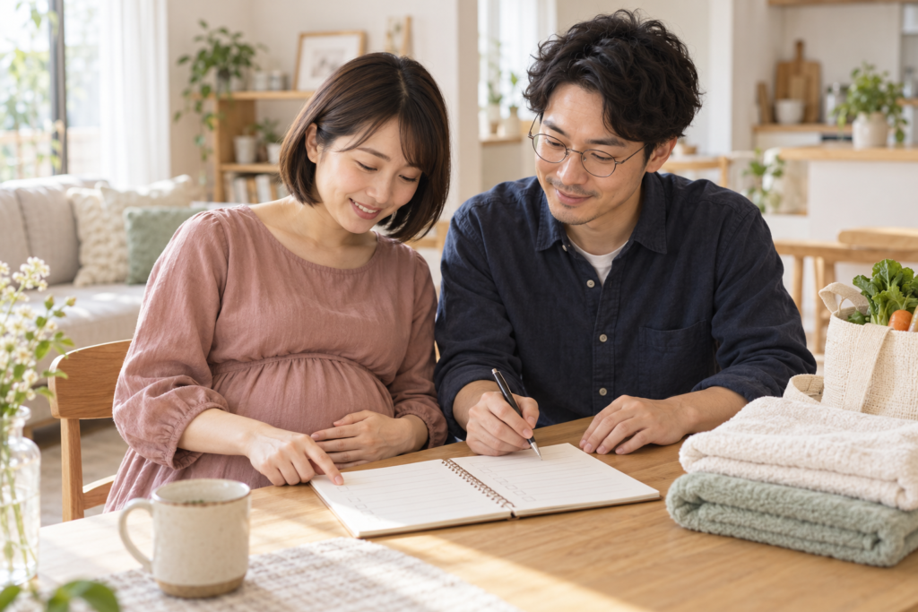 妊娠中の女性と眼鏡をかけた男性が、食卓でノートを見ながら家事分担を相談している