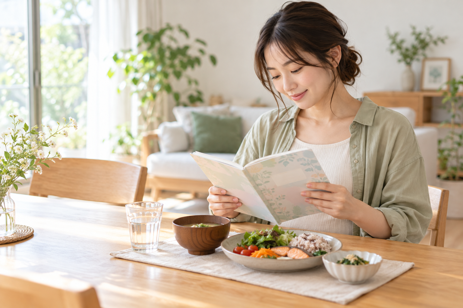 食事と水を用意したテーブルで妊娠中の記録を読む女性のイメージ