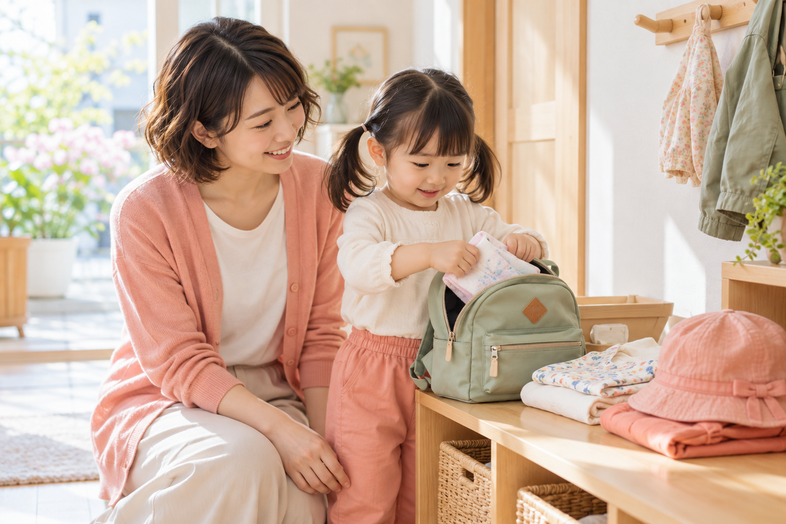 母親が見守る中、3歳ごろの子どもがタオルをバッグに入れて朝の支度をしている