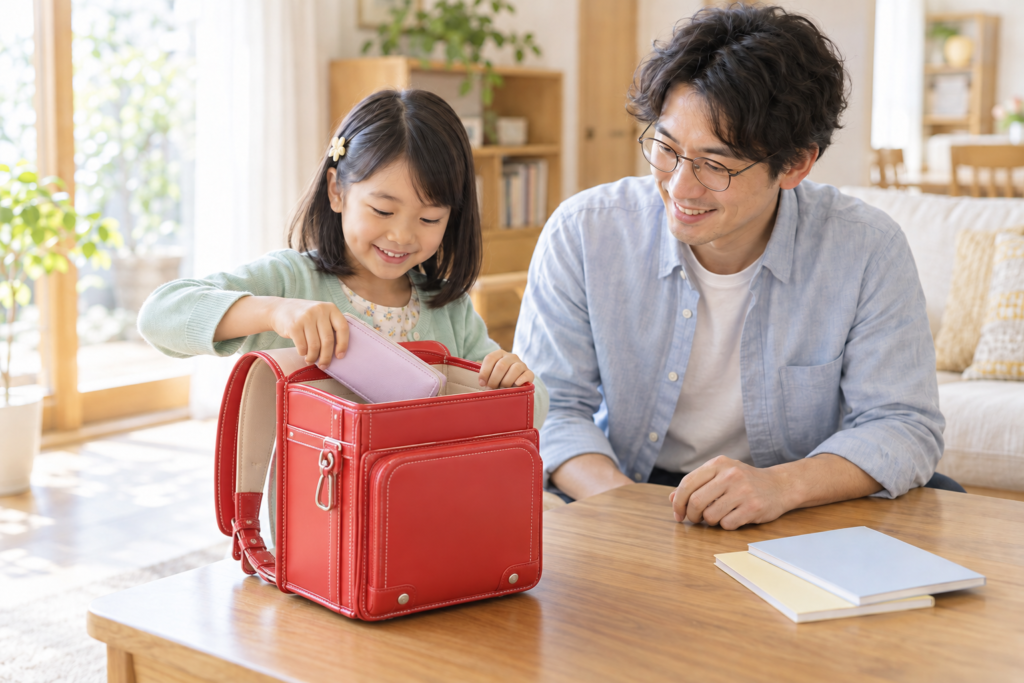 6歳ごろの女の子が父親に見守られながら、ランドセルの上の口から筆箱を入れている