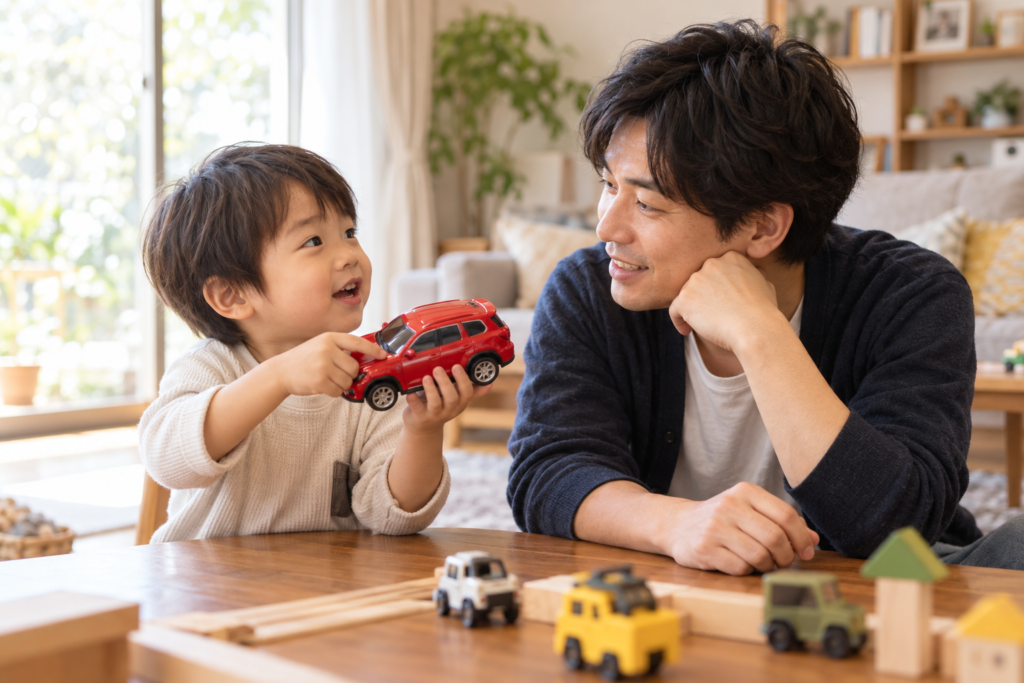赤い車のおもちゃを持つ子どもの話を、父親が目線を合わせて聞く様子