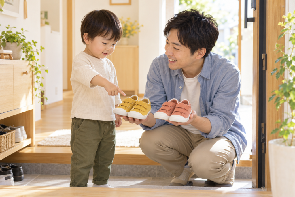 父親が黄色とコーラル色の靴を見せ、2歳ごろの子どもが黄色の靴を指さして選んでいる