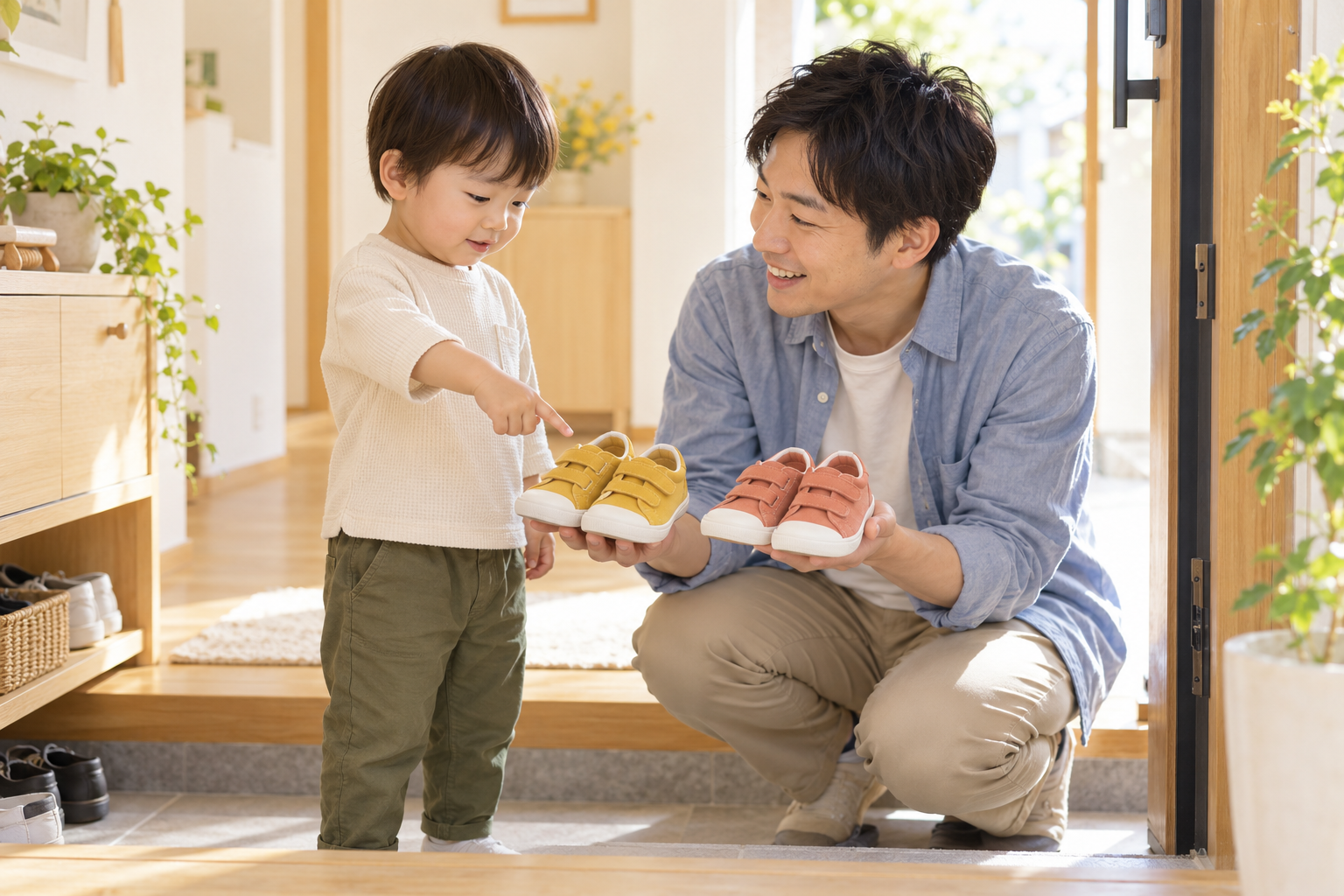 父親が黄色とコーラル色の靴を見せ、2歳ごろの子どもが黄色の靴を指さして選んでいる
