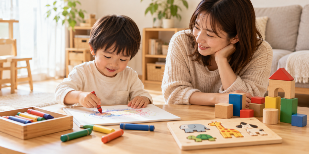 大人に見守られながらお絵描きを楽しむ子ども(AI生成イメージ)