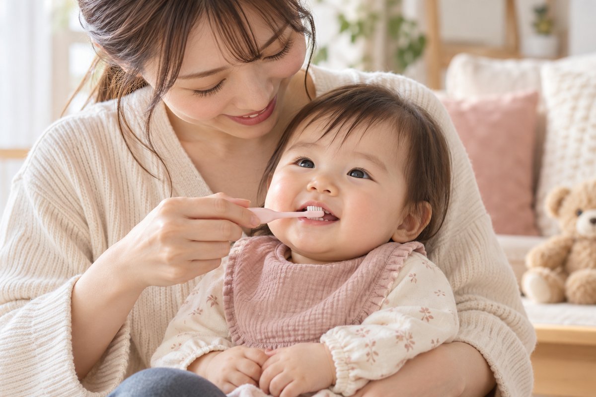 赤ちゃんの歯をやさしくみがく母親（AI生成イメージ）