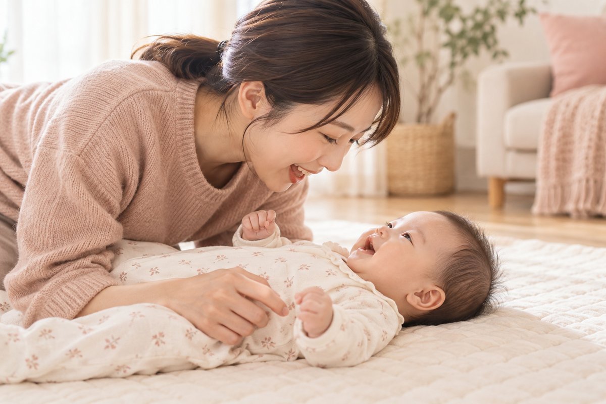 目を覚まして母親と見つめ合う赤ちゃん（AI生成イメージ）