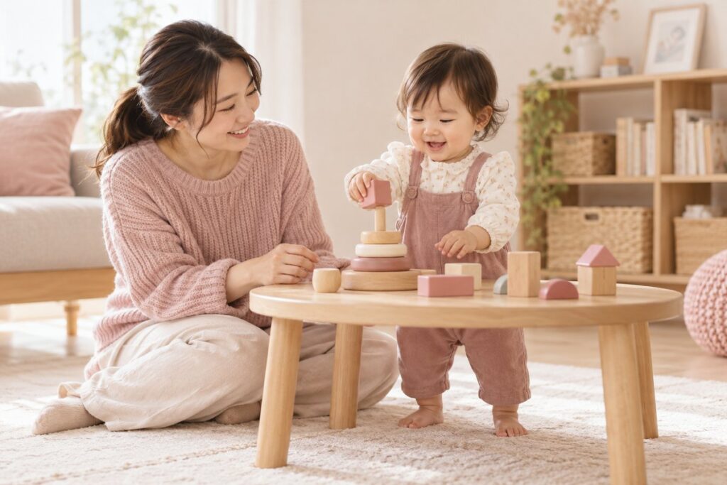 低いテーブルで積み木遊びをする幼児を見守る母親(AI生成イメージ)
