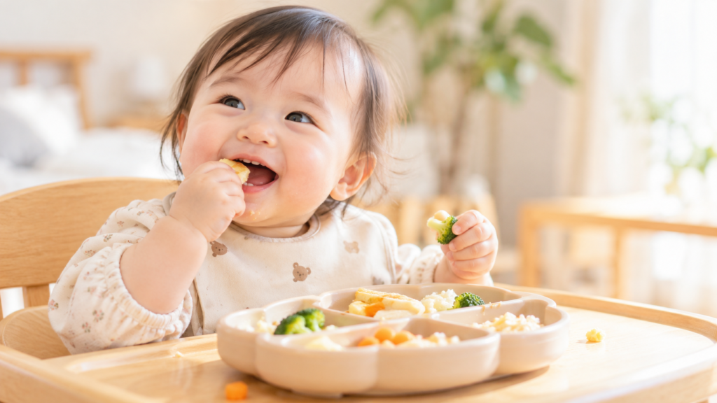 明るいダイニングで離乳食を手づかみして食べる生後9か月ごろの赤ちゃん