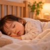 やわらかな明かりの寝室で、ぬいぐるみのそばで眠る2歳ごろの子ども