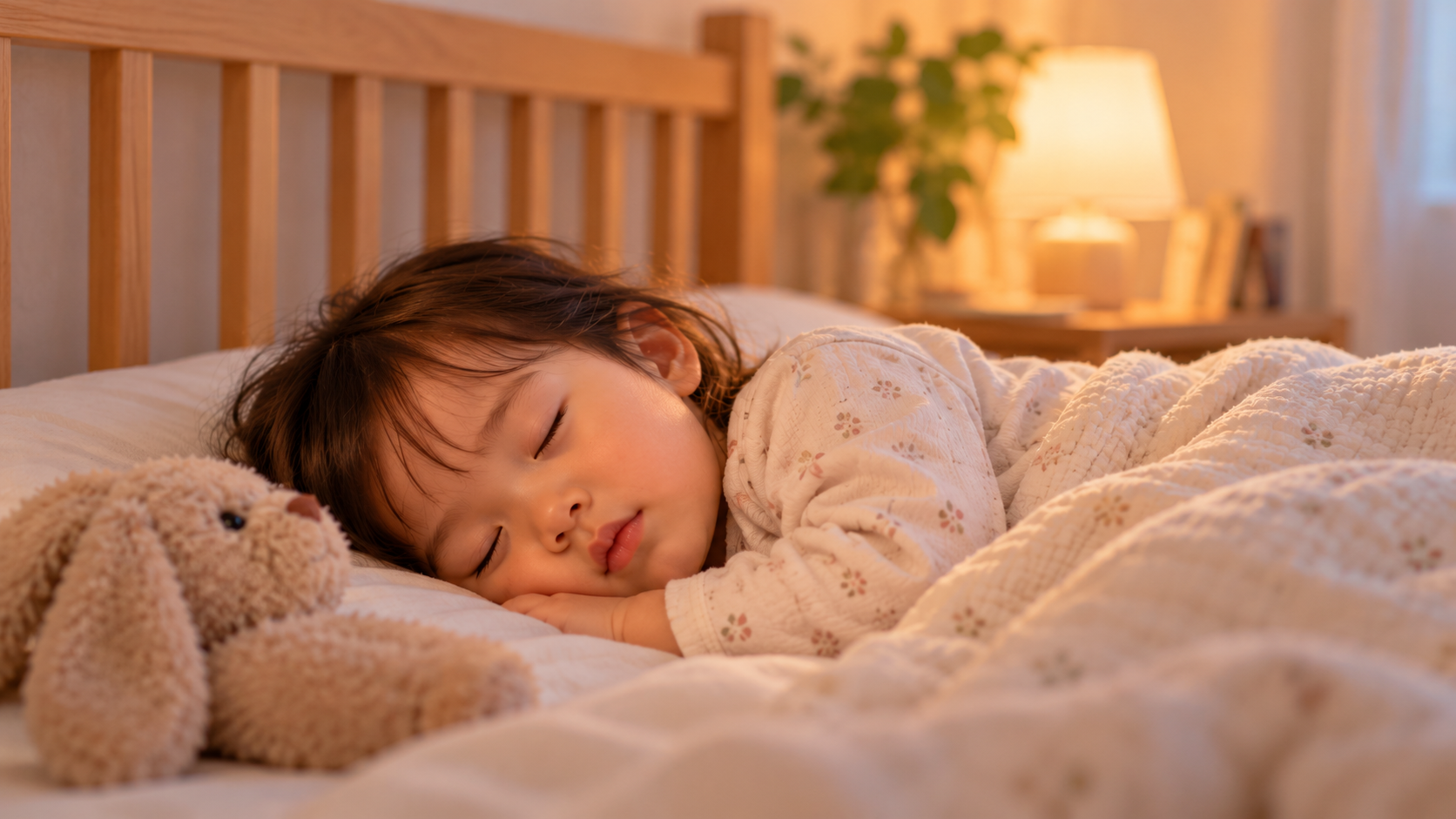 やわらかな明かりの寝室で、ぬいぐるみのそばで眠る2歳ごろの子ども