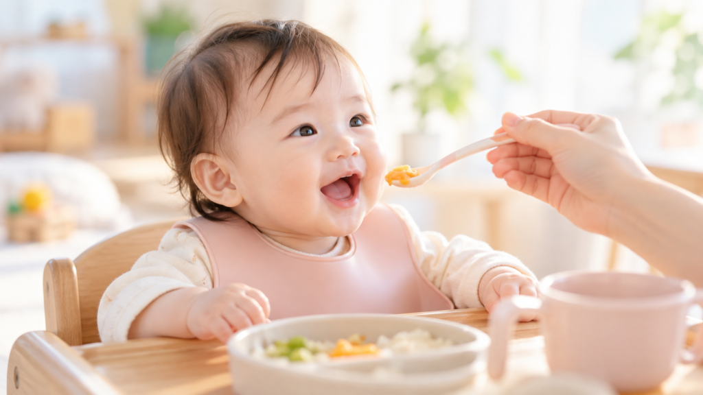 明るいダイニングで、スプーンから離乳食を食べようと笑顔で口を開ける生後8か月ごろの赤ちゃん