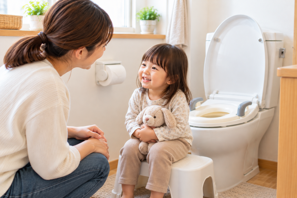 トイレのそばで、ぬいぐるみを持つ3歳ごろの子どもに優しく話しかける母親