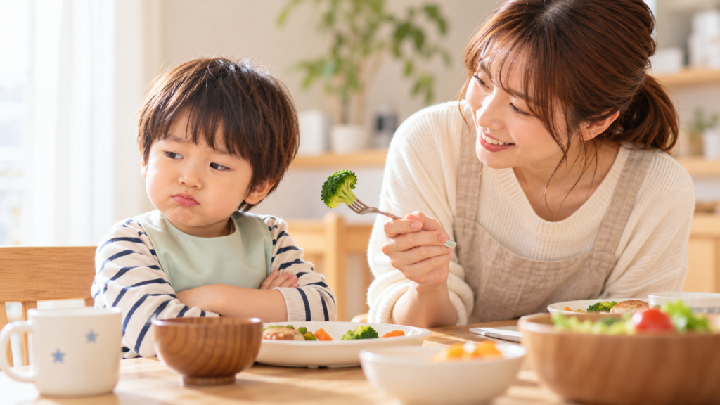 食卓でブロッコリーを嫌がる3歳ごろの男の子と、優しく声をかける母親