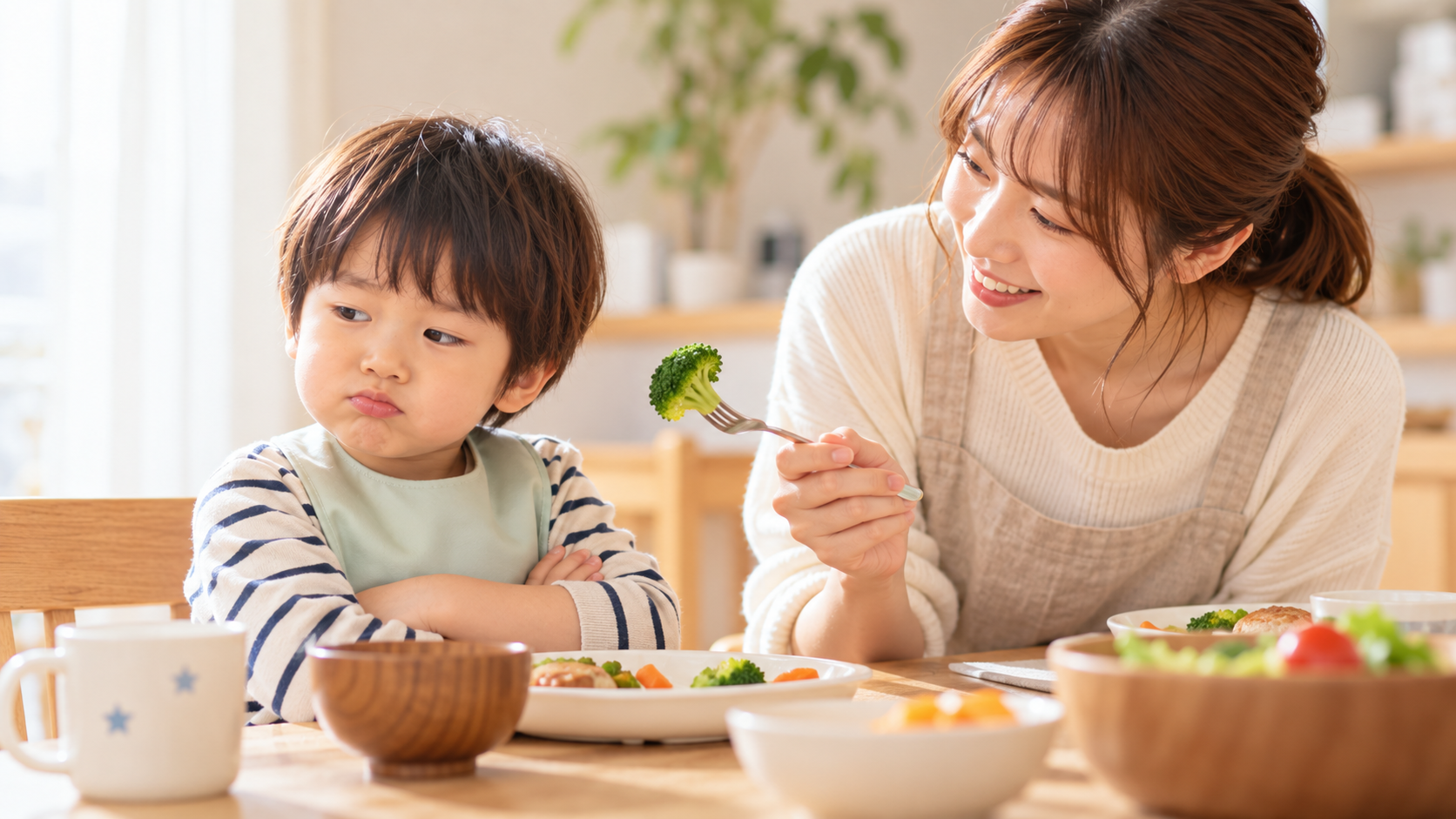 食卓でブロッコリーを嫌がる3歳ごろの男の子と、優しく声をかける母親