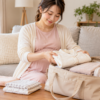 出産の入院バッグに衣類を詰める妊婦（AI生成画像）
