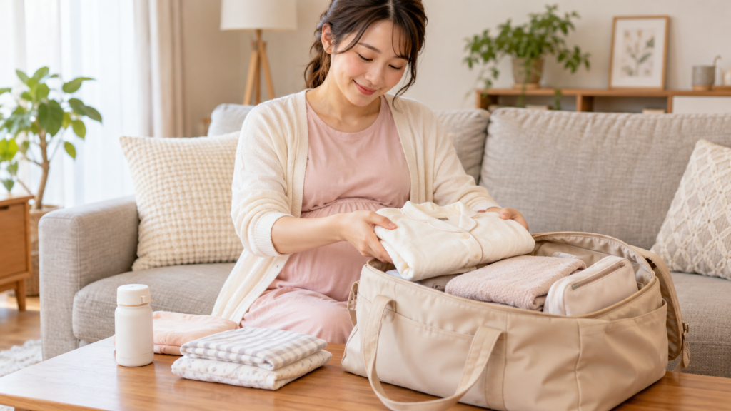 出産の入院バッグに衣類を詰める妊婦(AI生成画像)