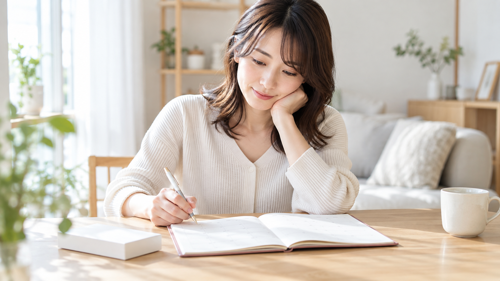 妊活の予定をカレンダーに書き込む女性（AI生成画像）