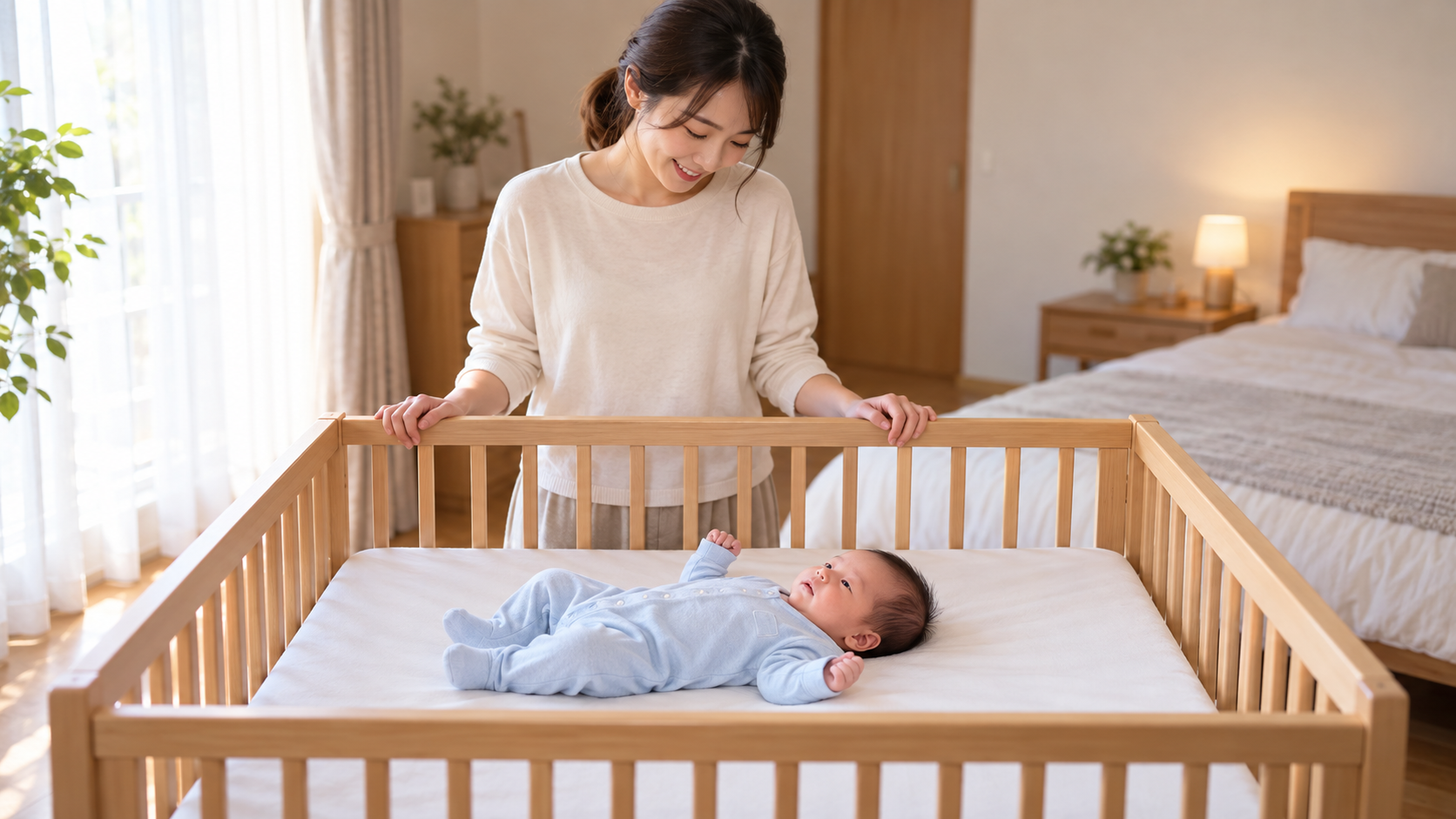 別のベビーベッドであおむけに寝る新生児を見守る母親（AI生成画像）