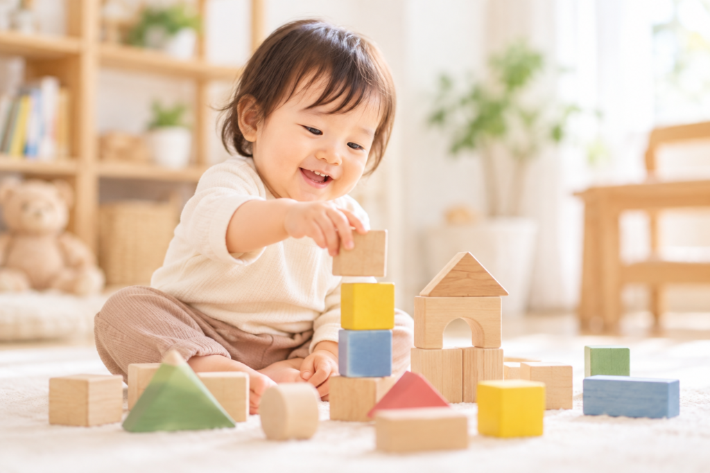 明るい室内で積み木を重ねて遊ぶ生後11か月ごろの赤ちゃん