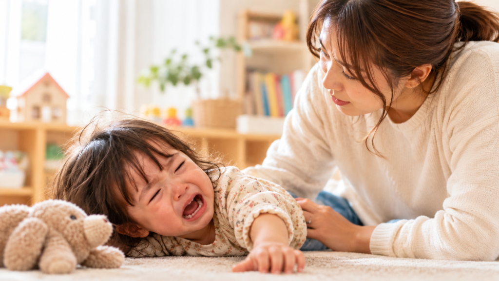 イヤイヤ期で泣いている2歳ごろの子どもに、優しく寄り添う母親