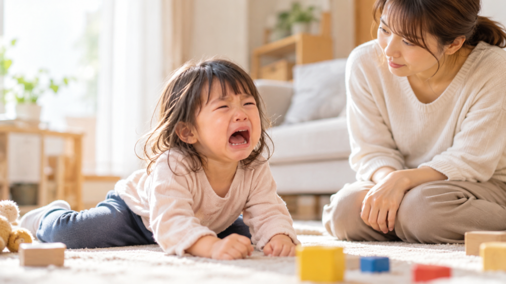 リビングの床で泣いて癇癪を起こす3歳ごろの子どもと、そばで穏やかに見守る母親