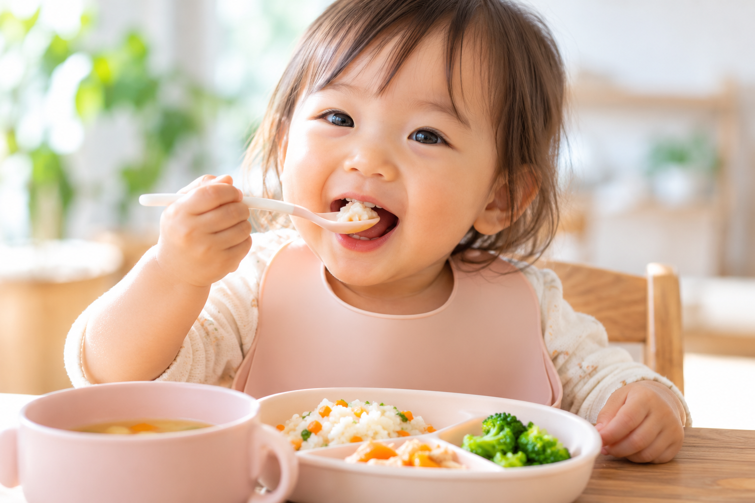 1歳くらいの女の子がスプーンを使って食事を楽しんでいる様子
