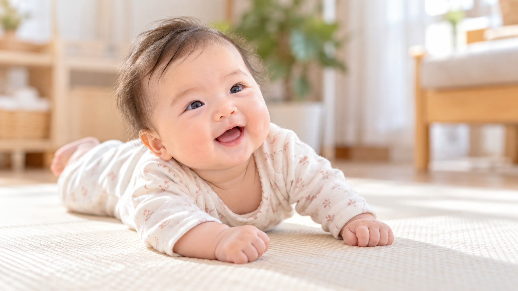 やわらかな自然光の中で、うつぶせになり笑顔を見せる生後5か月ごろの赤ちゃん