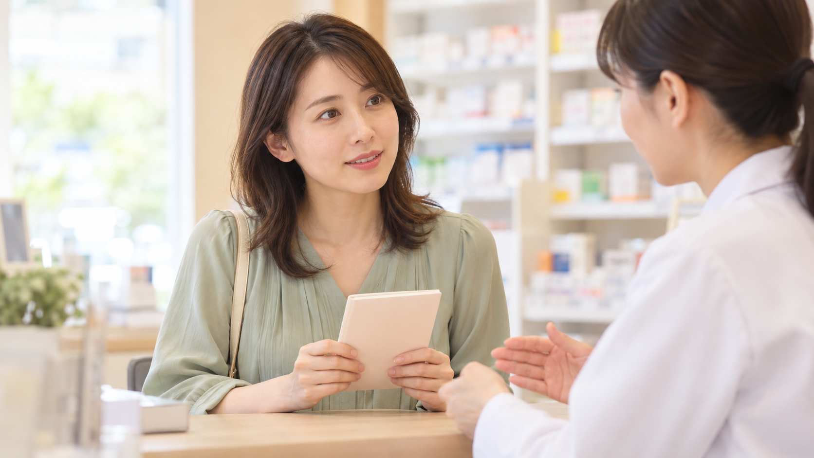 妊娠前の薬について薬剤師に相談する女性（AI生成画像）