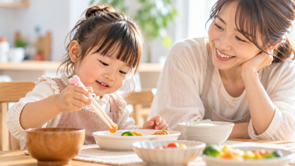 初めてのお箸で食べ物をつかもうと頑張る3歳ごろの女の子と、優しく見守る母親