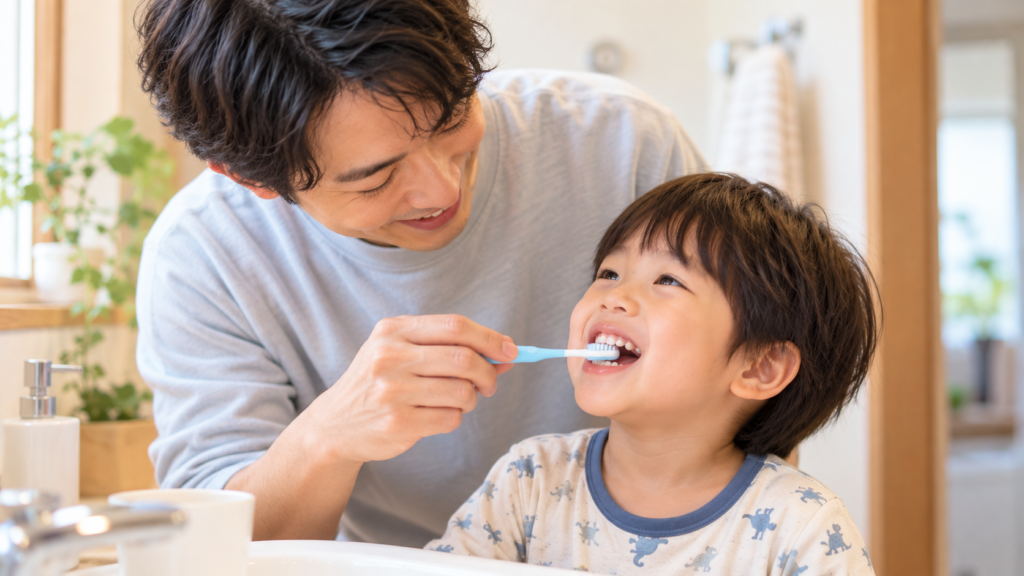 父親が3歳くらいの息子の仕上げ磨きをしている様子