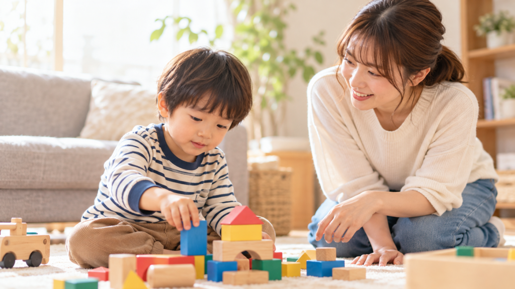 リビングで積み木遊びに夢中になる3歳ごろの男の子と、そばで優しく声をかける母親